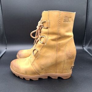 Sorel Joan Of Arctic Wedge II Women's Sz 8 Camel Brown Leather Wedge Ankle Boots